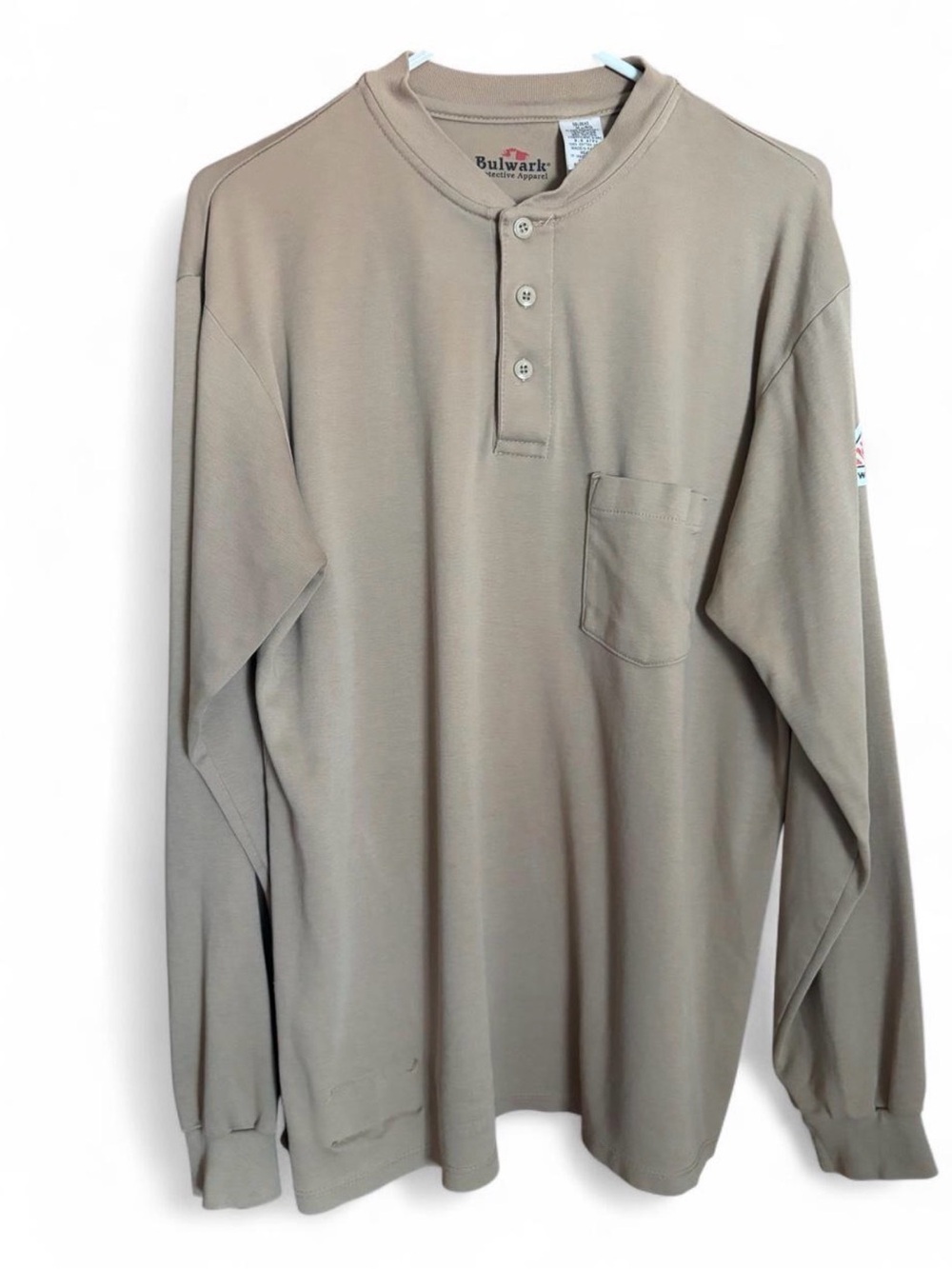 Bulwark FR NFPA 2112 Medium Men’s Work Shirt Tan Long Sleeve Crewneck W Pocket